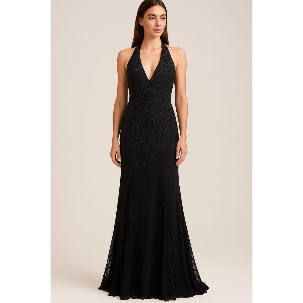 Vtg Sue Wong Nocturne Womens Black Beaded Babydoll Maxi Dress 4 Whimsigoth Y2k